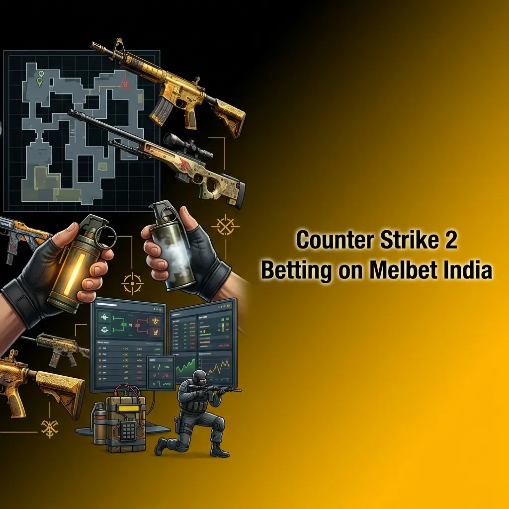 Counter Strike 2 betting on Melbet India showing CS2 match odds, map winner markets, and live betting with tournament logos