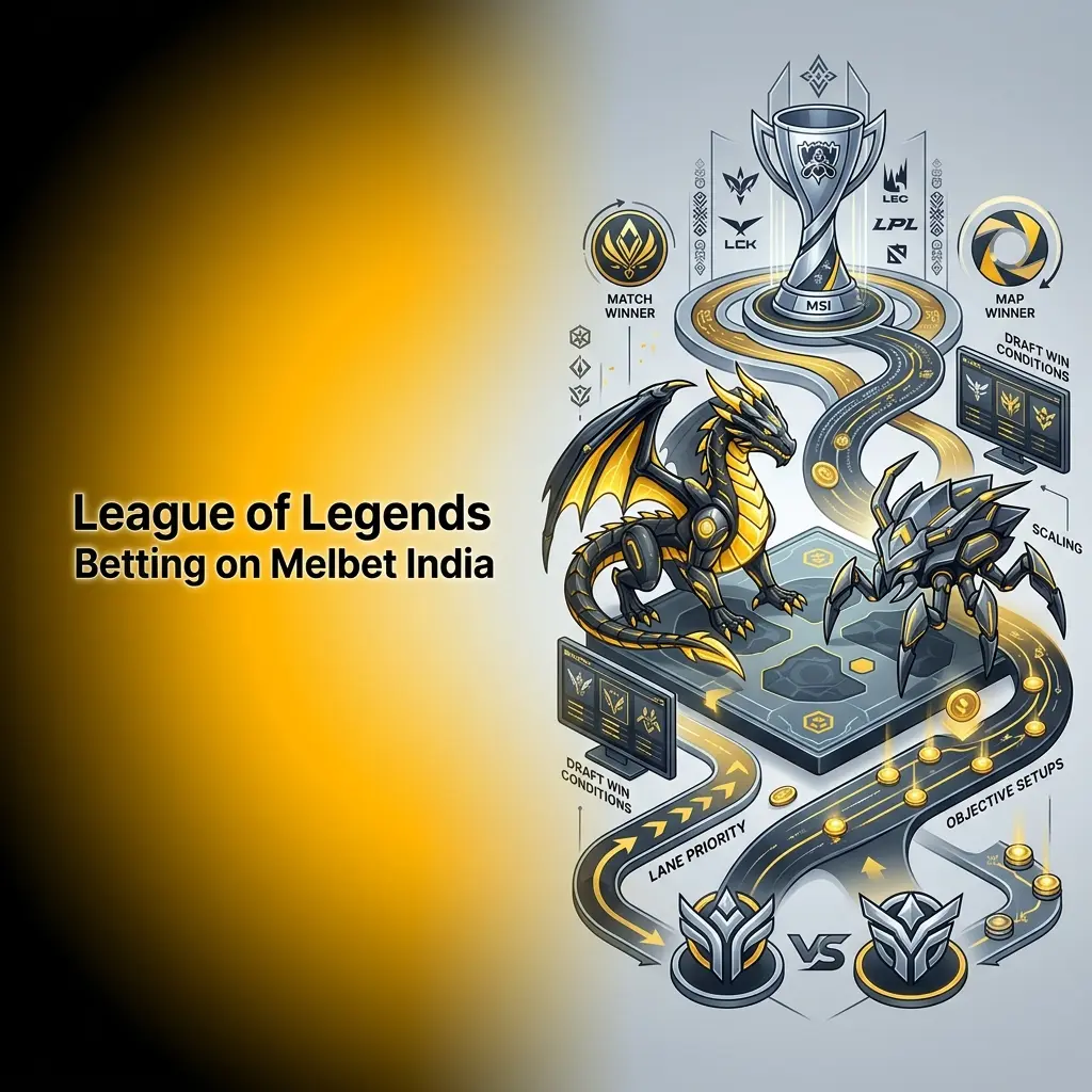 League of Legends betting on Melbet India showing match winner, map markets and live odds for LoL World Championship and MSI