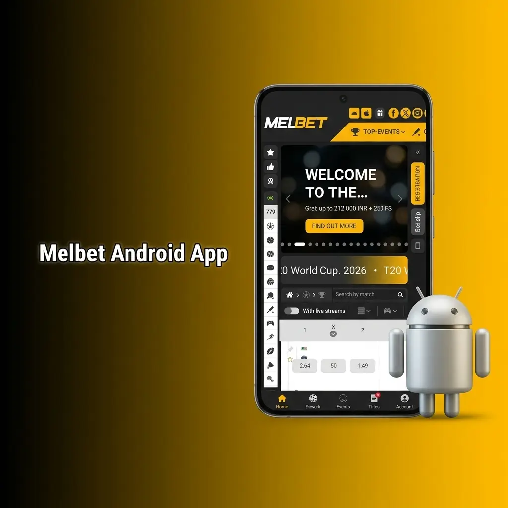 Melbet Android app screen showing free download, quick install steps, and mobile betting and casino games after login