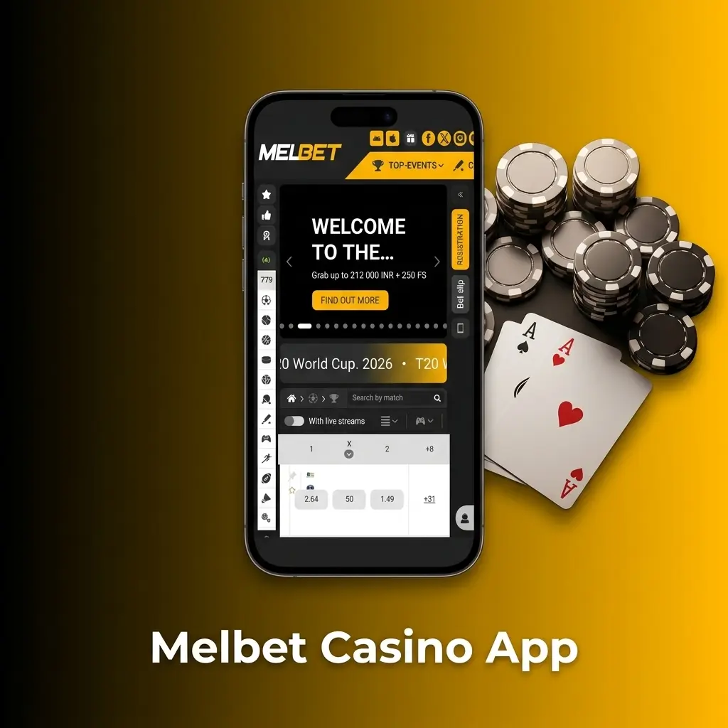 Melbet casino app home screen showing sports and casino menu, popular slots, live dealer roulette, blackjack and promotions tab