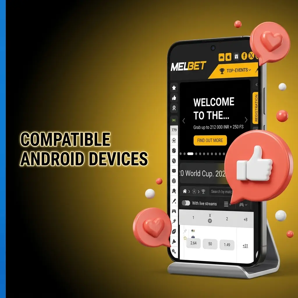 List of compatible Android phones in India for Melbet app, including Redmi, POCO, Samsung, Realme, OnePlus, Vivo