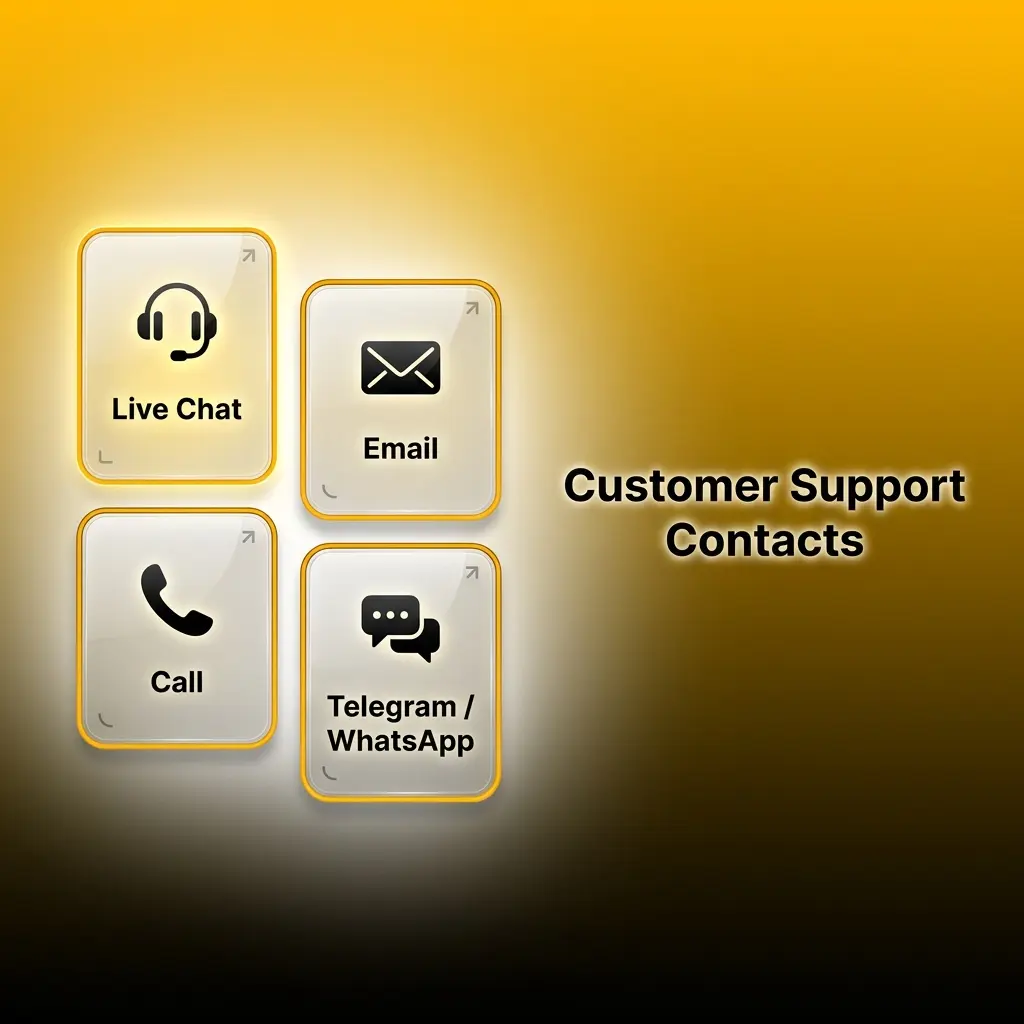 Customer support contacts: live chat, email, phone, Telegram and WhatsApp for deposit tracking and payment issues