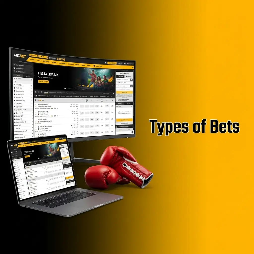 Infographic showing Melbet bet types: Single, Express accumulator, System, Chain reinvest, and Forecast order prediction