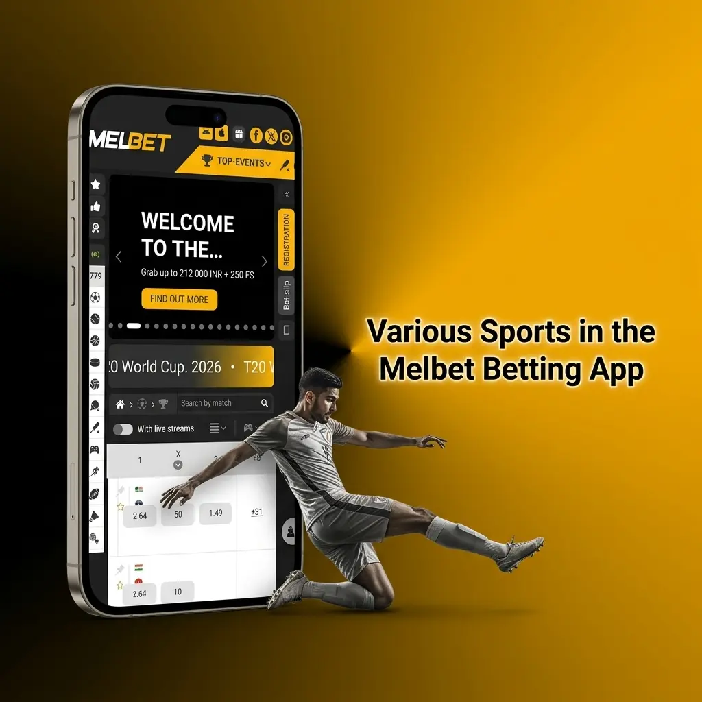 Melbet betting app showing sports and eSports categories with LIVE odds, stats pages, and streaming for selected events