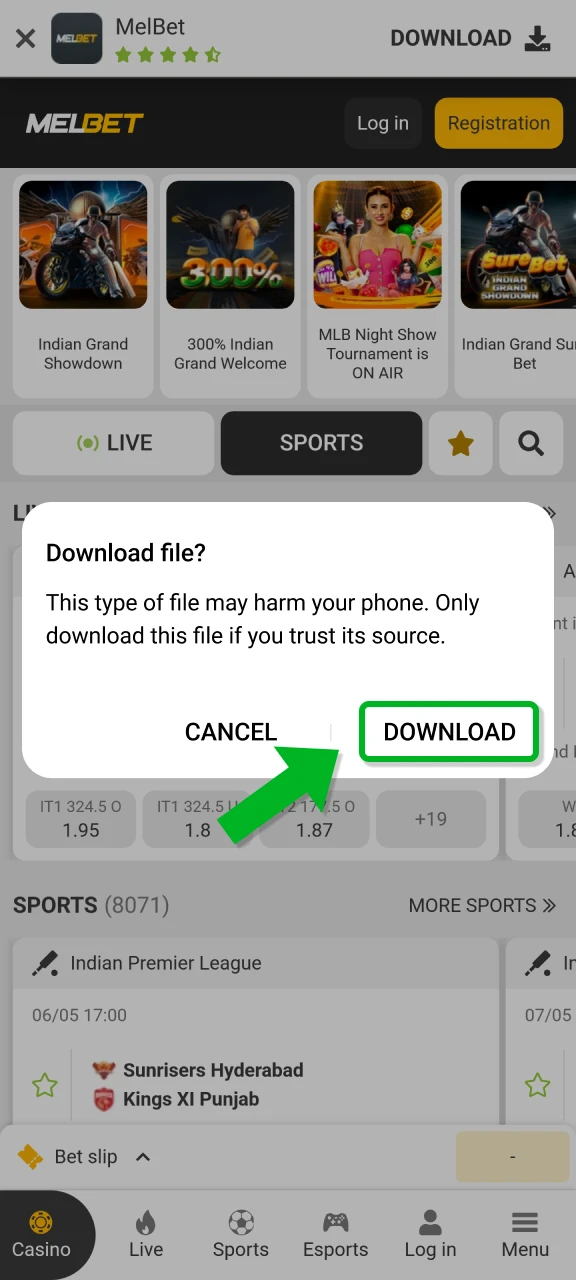 Tap the agree button in the pop-up to save the Melbet Android installation file.