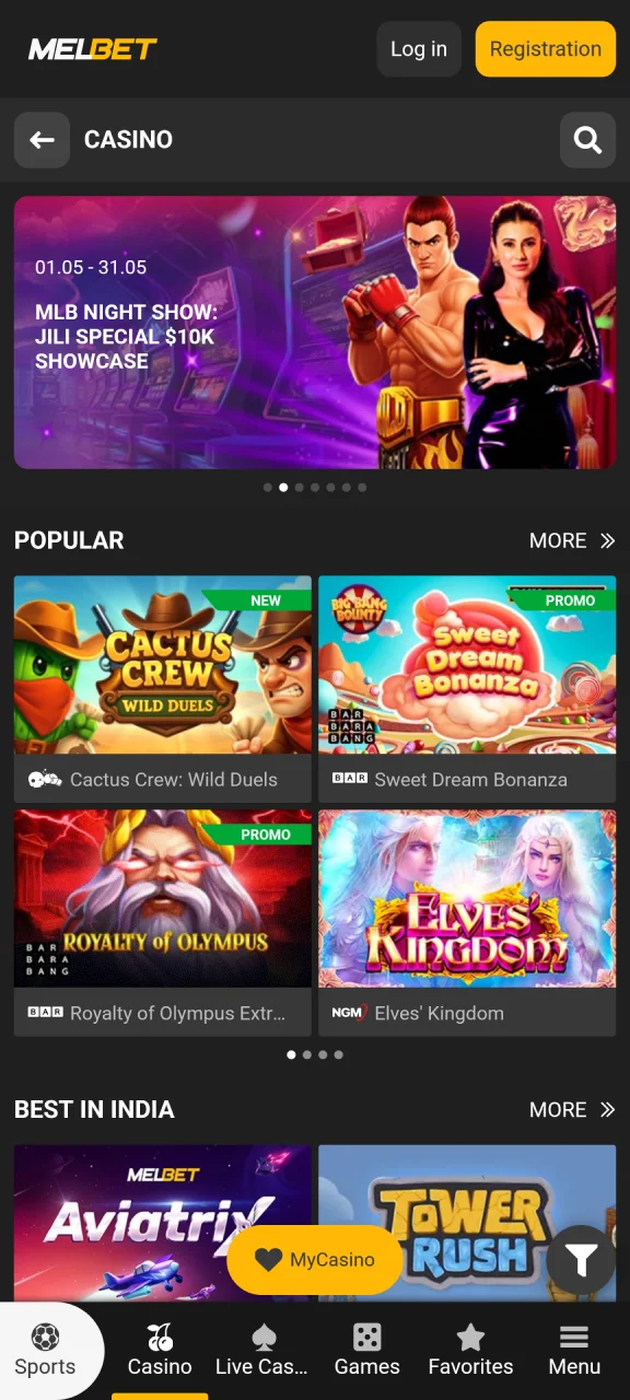 Open the Melbet App casino section and enjoy popular gambling games in India.