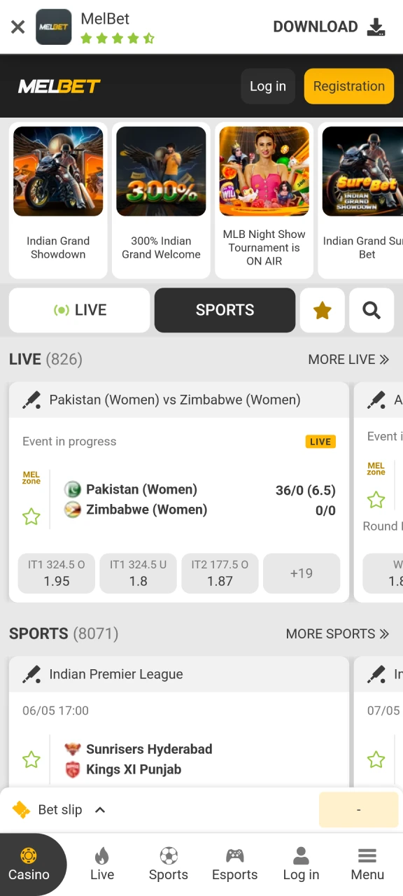 Check the current Melbet App interface on the home screen to start betting.