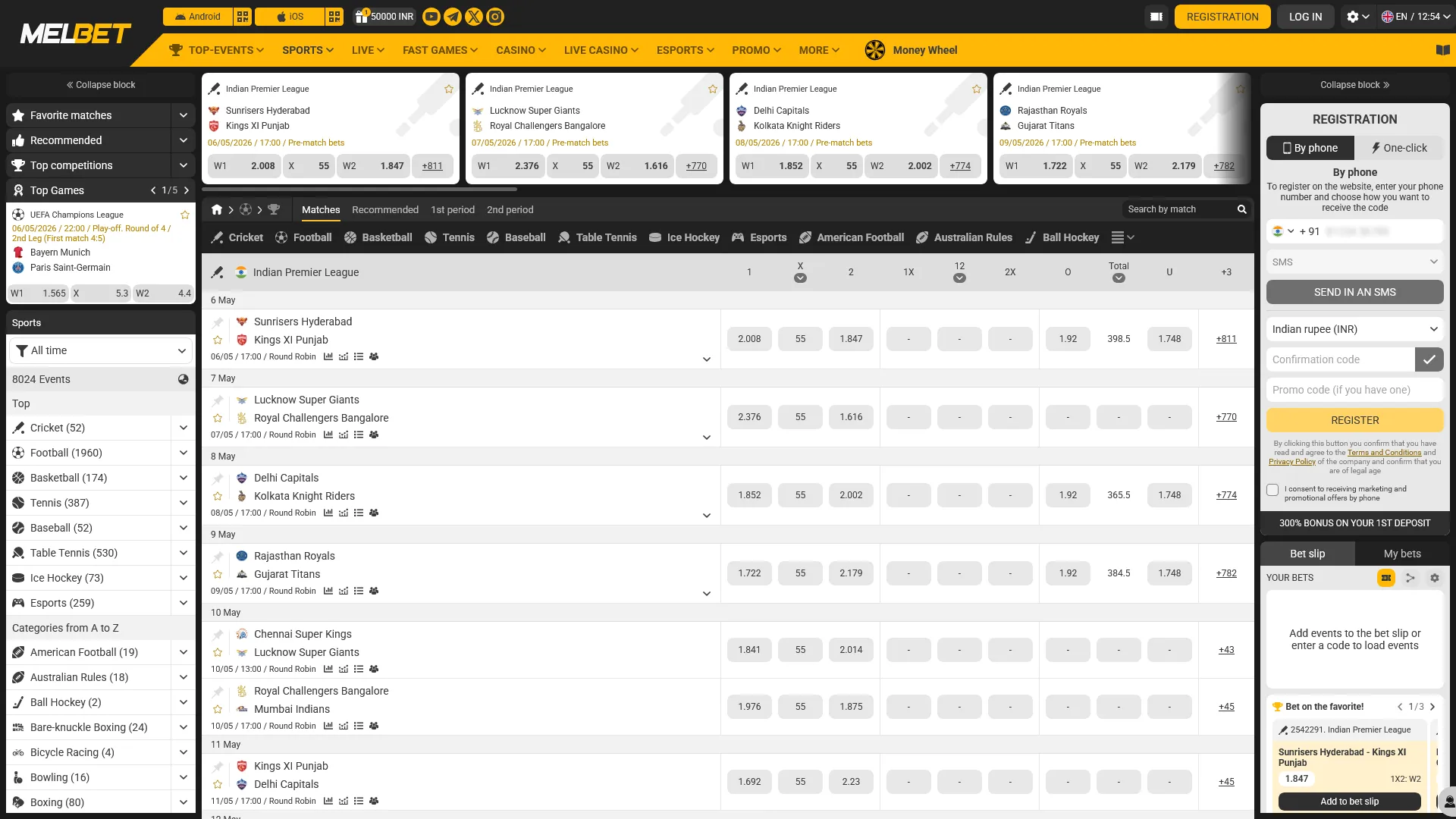 Navigate to the sports section to place winning bets at Melbet India.