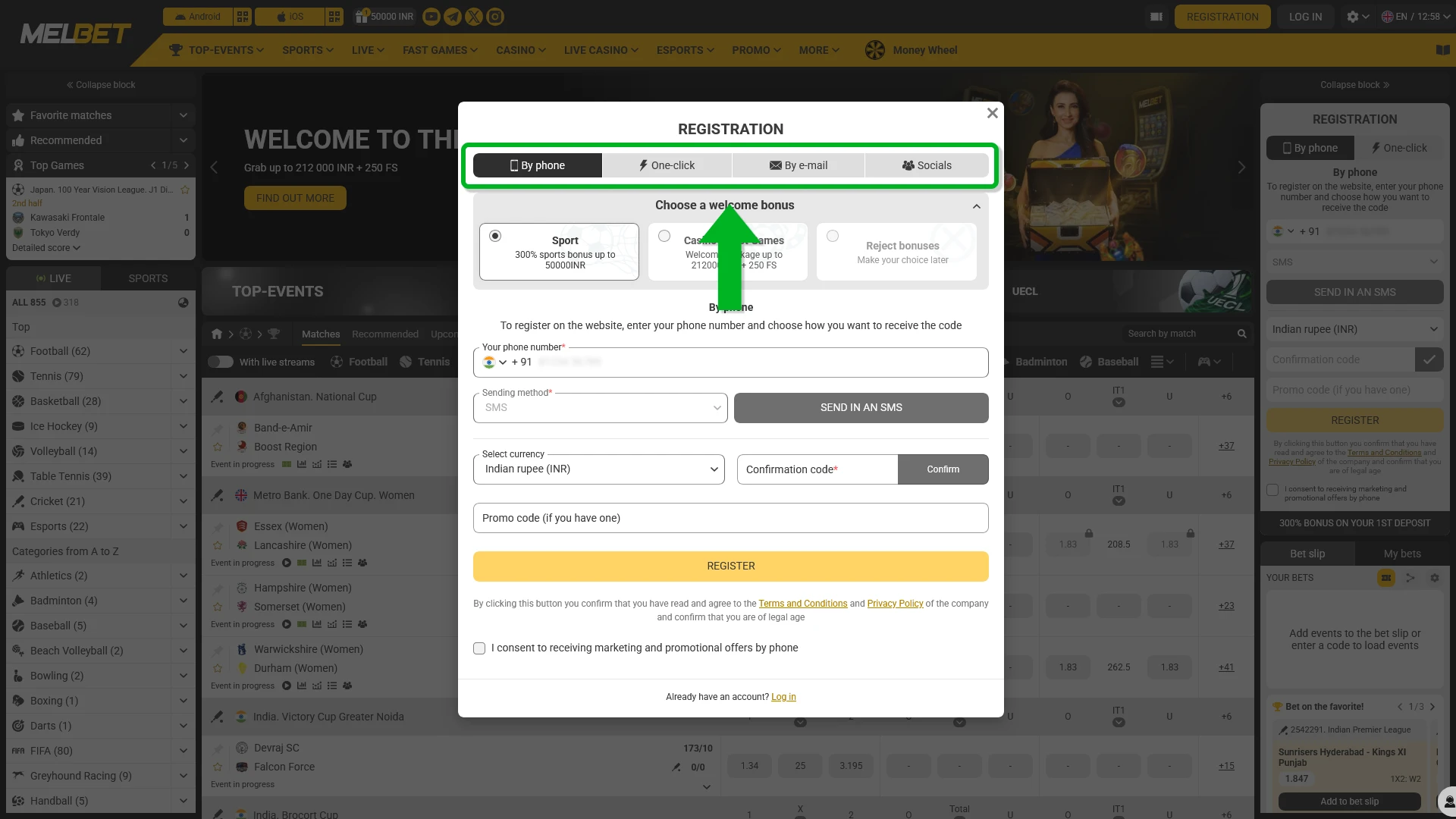 Select the most convenient Sign Up method at Melbet India.