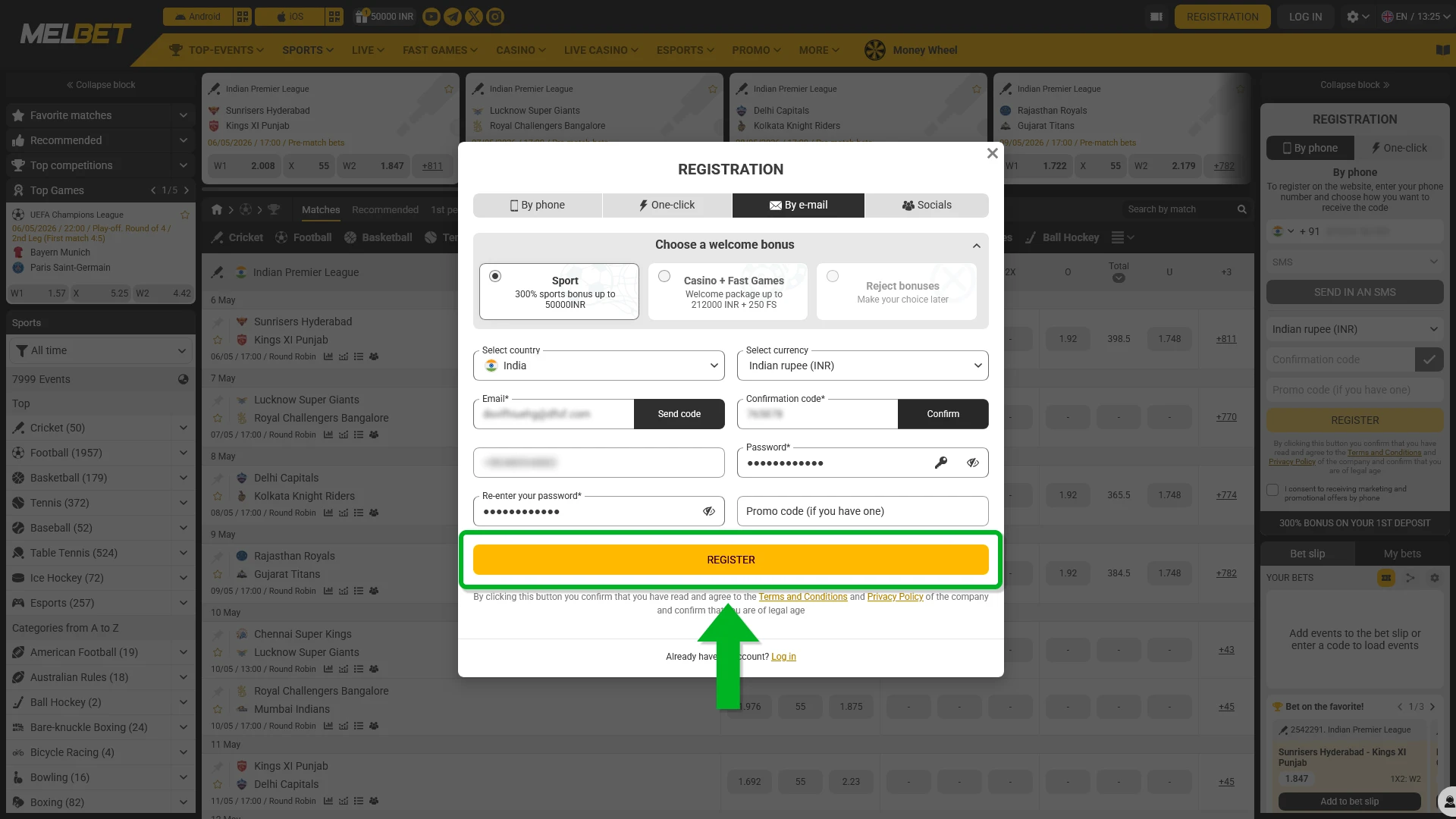 Fill in all personal data to finish your Melbet Sign Up.