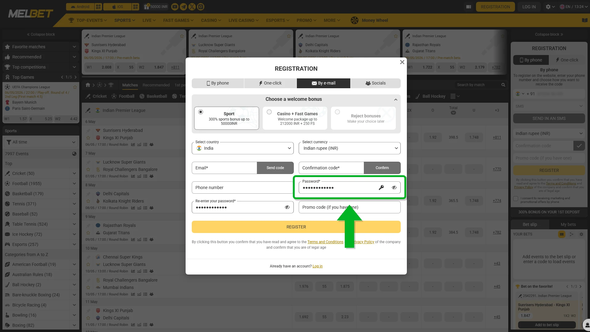 Create a secure password for your Melbet Sign Up process.